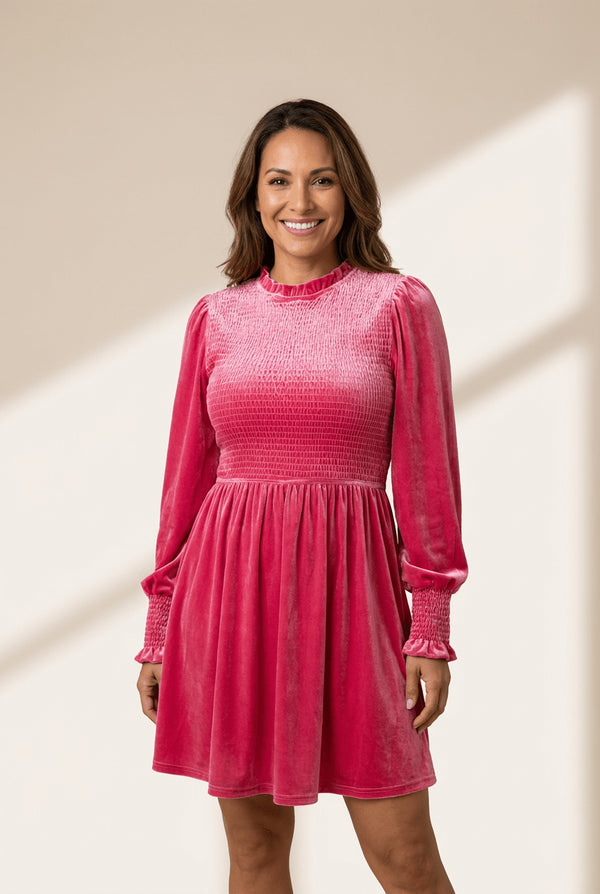 Women's Rose Velvet Smocked Bodice Dress with Ruffle Neck