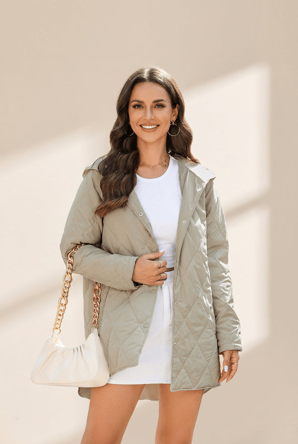 Women's Sage Green Diamond Quilted Hooded Puffer Coat