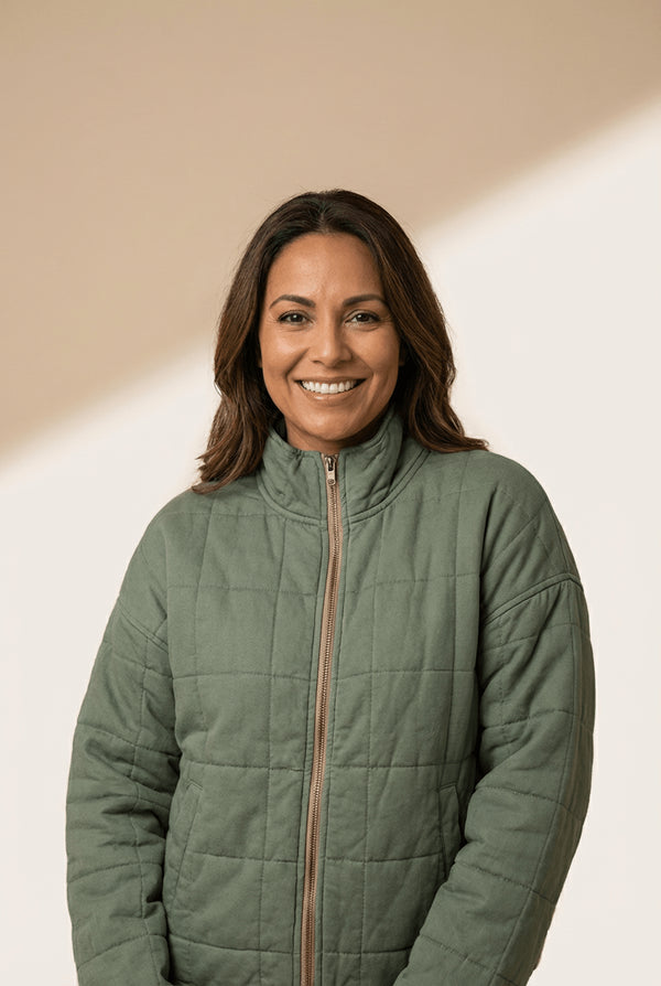 Women's Sage Green Quilted Zip-Up Jacket with Mock Neck