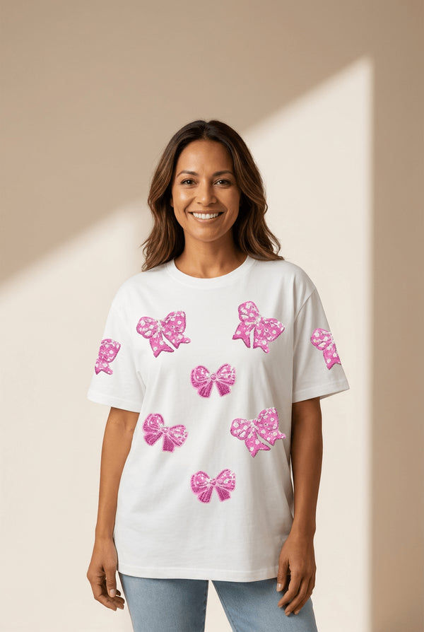 Women's Sequin Bow Patch Cotton Blend Graphic Tee in White