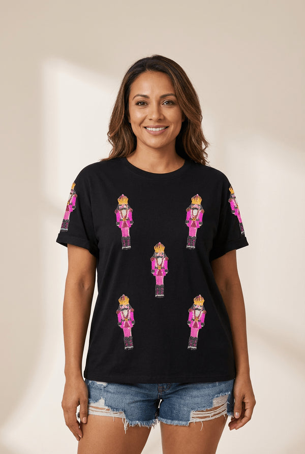 Women's Sequin Pink Nutcracker Relaxed Holiday Graphic Tee