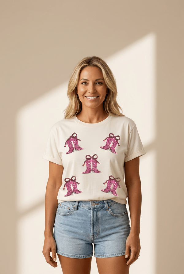 Women's Sequin Western Boot Graphic Tee in Cream