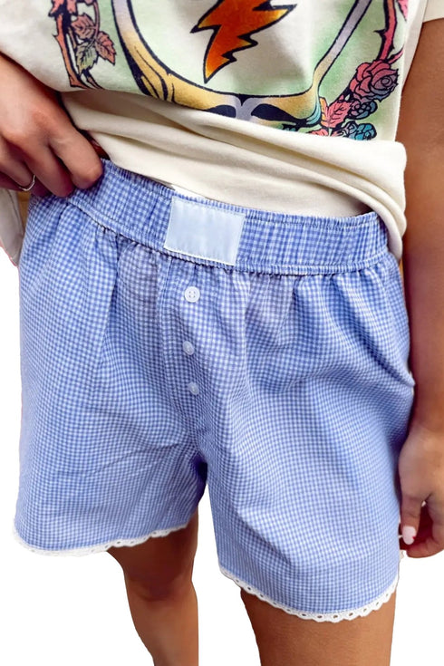 Sky Blue Gingham Plaid Button Detail Lace Trim Boxer Shorts