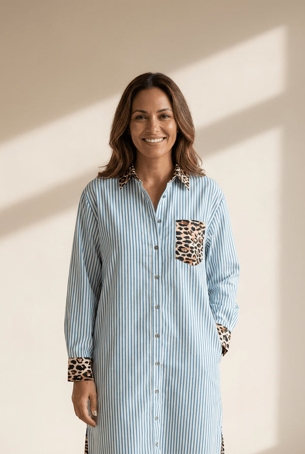Women's Sky Blue Striped Leopard Patchwork Midi Shirt Dress