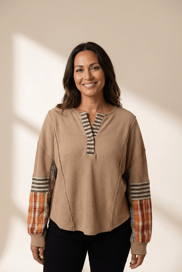 Women's Straw Yellow Waffle Knit Henley with Patchwork Sleeves