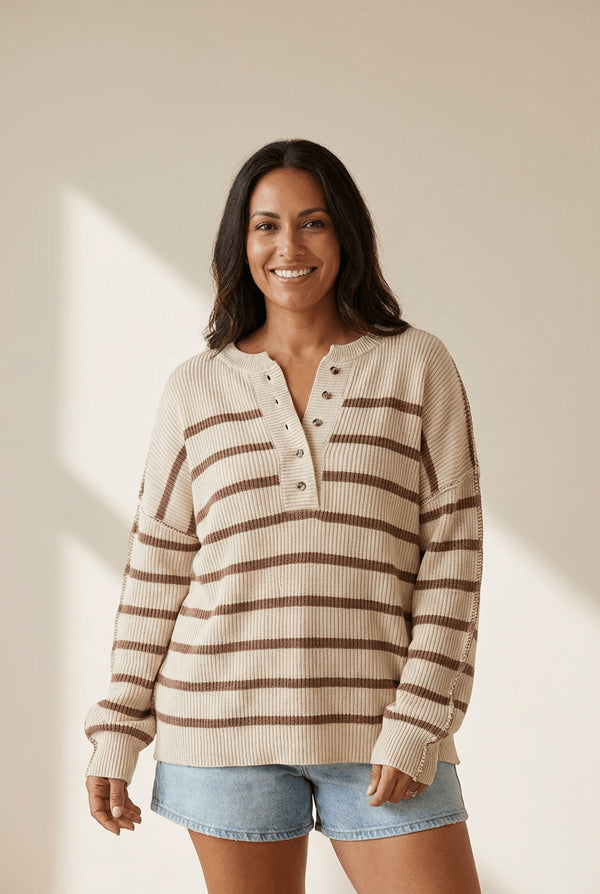 Women's Striped Viscose Blend Henley Knit Pullover Sweater