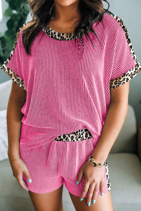 Women's Stylish Pink Leopard Trim Twist Ribbed Short Set - Comfortable Summer Loungewear for Effortless Relaxation