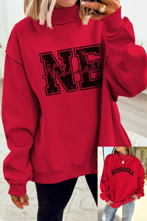 Racing Red NEBRASKA Double Side Printed Mock Neck Reversible Sweatshirt