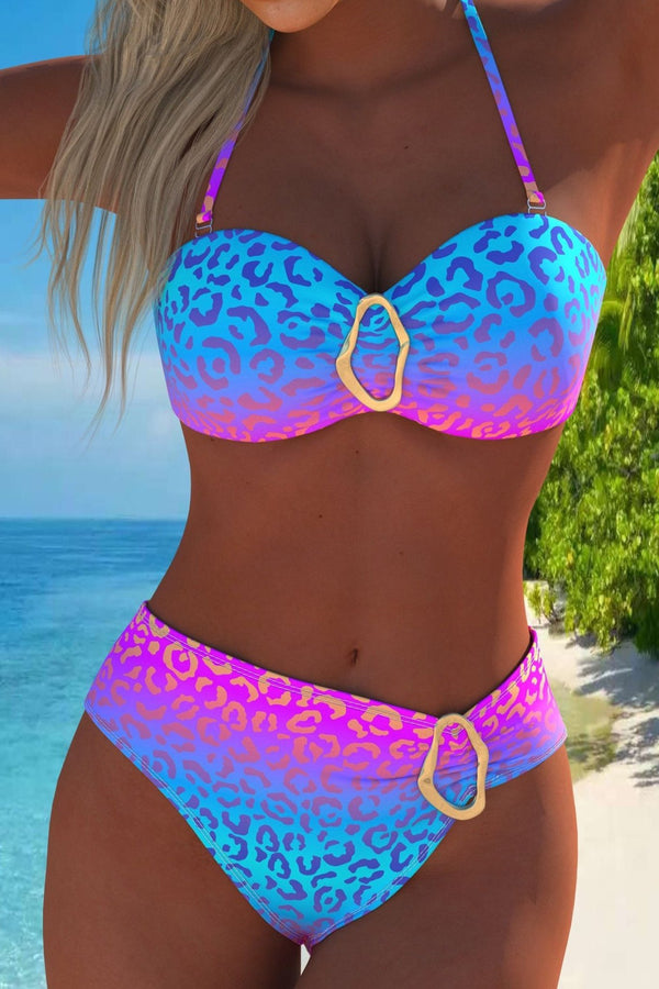 Women's Stylish Sky Blue Ombre Leopard Print Halter Bikini Set – Trendy Two-Piece Swimwear for Summer Beach Fun