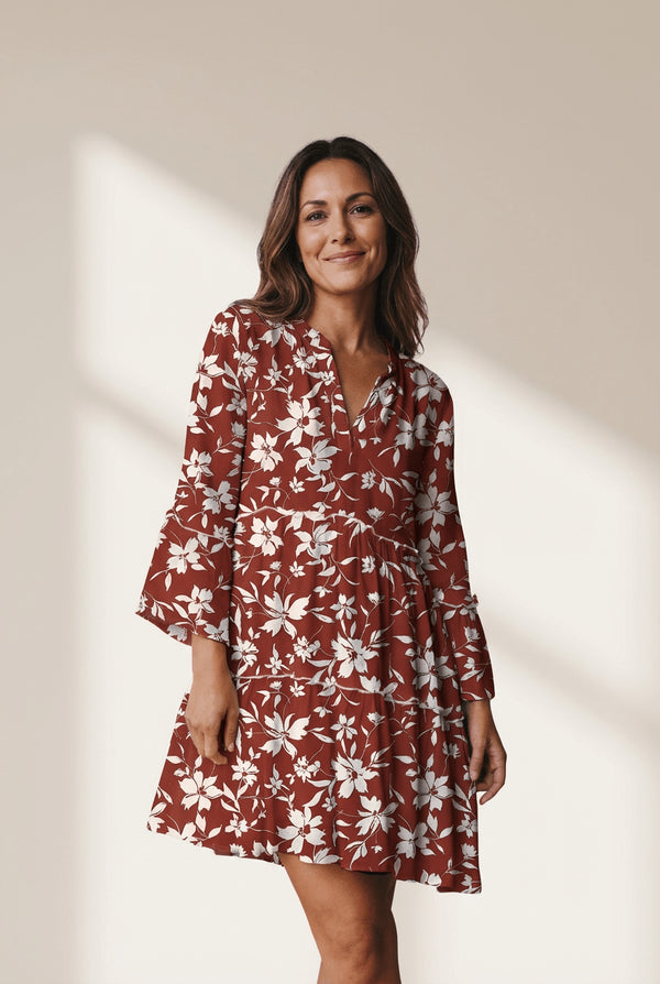 Women's Terracotta Boho Floral Mini Dress with Lettuce Trim