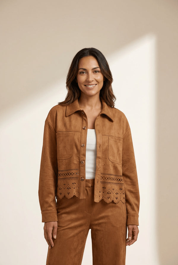 Women's Thai Curry Faux Suede Cut-Out Jacket with Laser-Cut Hem