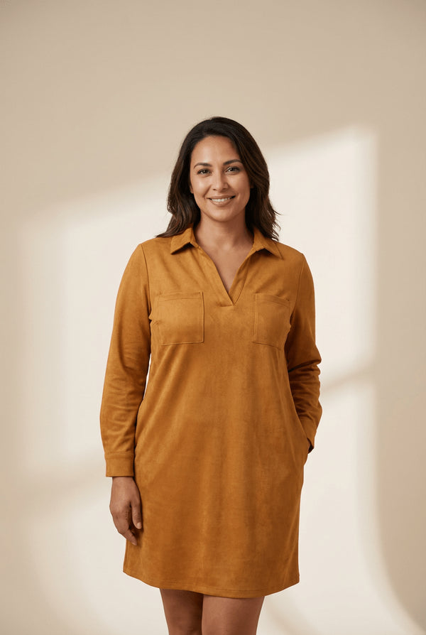 Women's Thai Curry Faux Suede V-Neck Shift Dress with Pockets