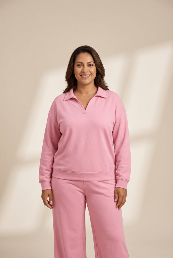 Women's V-Neck Polo Sweatpant Set in Sachet Pink Cotton Blend