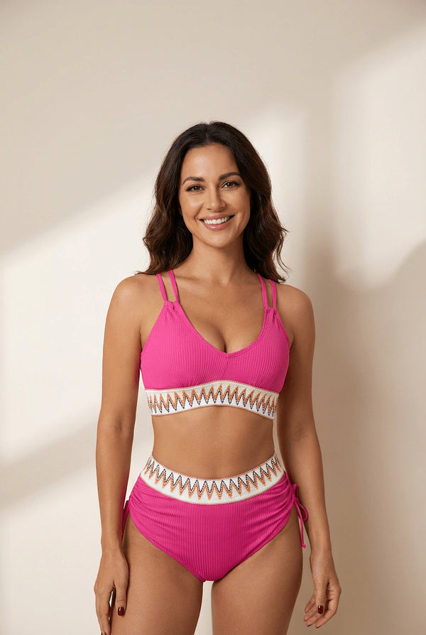 Women's Vibrant Pink Ribbed High-Waist Bikini with Tribal Trim