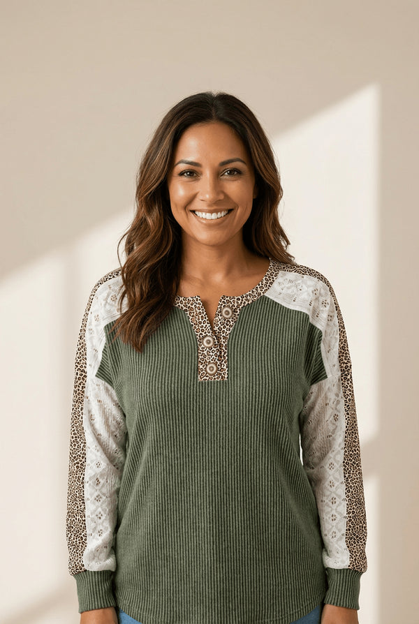 Women's Vineyard Green Ribbed Henley with Leopard and Lace Patchwork with practical styling and dependable silhouette control.