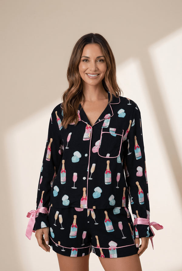 Women's Viscose Champagne and Ring Print Pajama Set with Silk Bows with practical styling and dependable silhouette control.