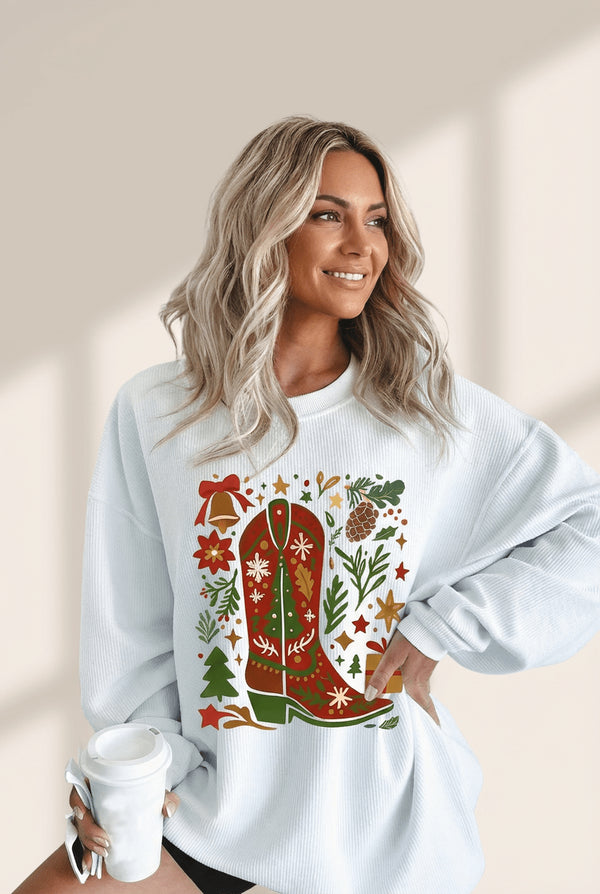 Women's Western Christmas Boot Fleece Sweatshirt