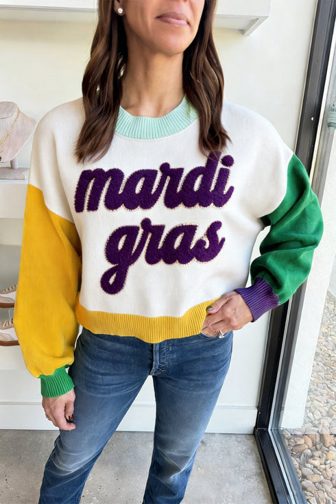 White Colorblock Patchwork Fuzzy Mardi Gras Graphic Sweater