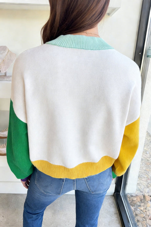 White Colorblock Patchwork Fuzzy Mardi Gras Graphic Sweater