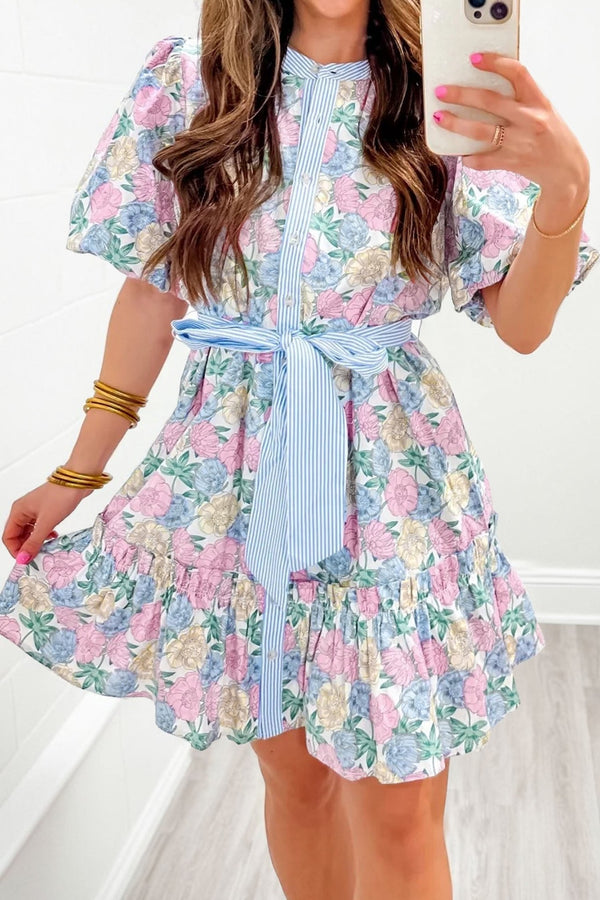 Women's White Floral Print Striped Short Dress with Contrast Trim and Belted Waist for Casual Summer Style