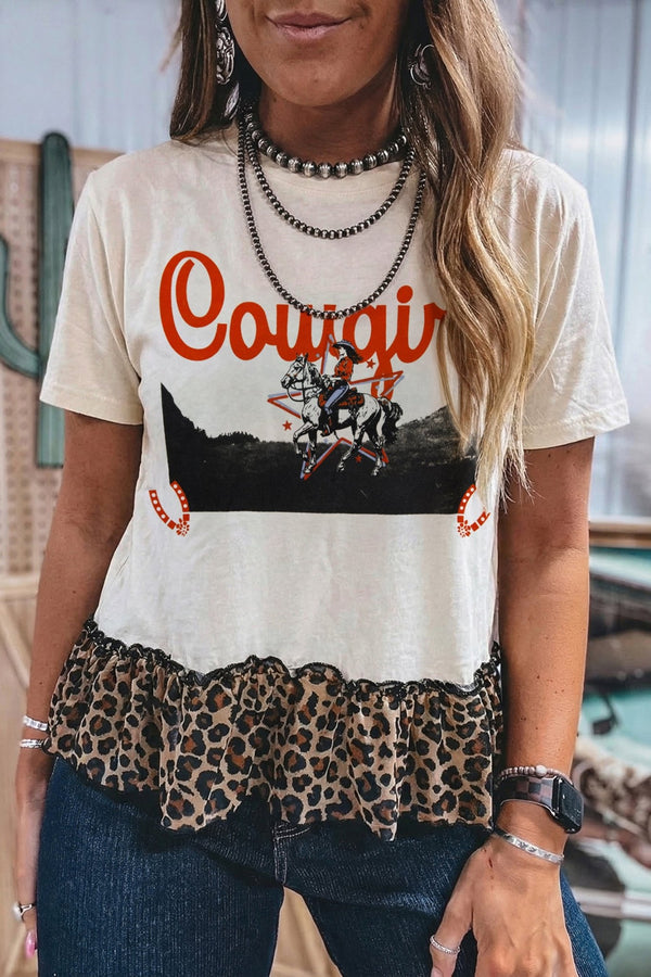 Women's White Retro Cowgirl Leopard Ruffle Hem T-Shirt - Trendy Patchwork Top for Casual Chic Style