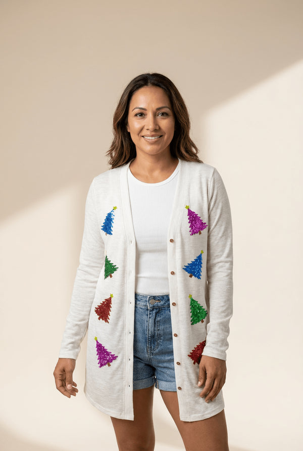 Women's White Sequin Christmas Tree Cardigan with Button Front