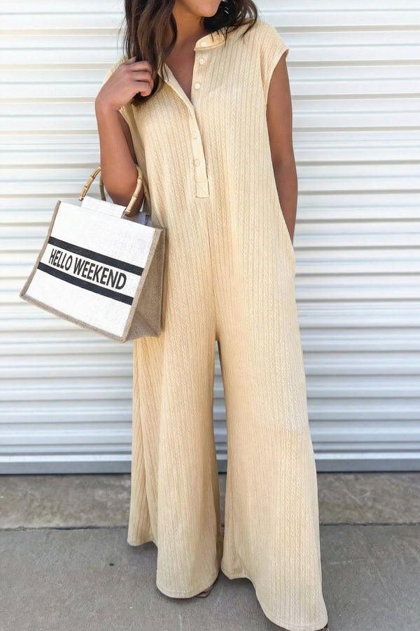 Women's Jet Stream Wide Leg Ribbed Knit Jumpsuit with Half-Button Bodice
