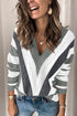 Zipper V-Neck Striped Printed Long Sleeve T-Shirt