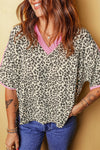 Women's Leopard Print Short Sleeve Varsity Tee - Chic White Contrast V-Neck Top for Effortless Casual Style
