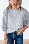 Women's Light Grey Waffle Knit Long Sleeve Pullover Top with Raw Hem and Patchwork Detail for Casual Comfort