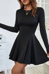 Elegant Women's Black Long Sleeve Fit-and-Flare Mini Dress - Versatile Casual Style for Any Occasion