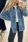 Classic Blue Women's Loose-Fit Denim Jacket with Varsity Stripes and Button Closure for Effortless Style
