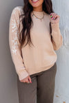 Women's Stylish Casual Ribbed Sweater with Contrast Embroidery in Parchment - Comfortable Fit for Everyday Wear
