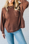 Women's Loose Fit Coffee Thermal Long Sleeve Top with Textured Seams & Patchwork Design - Stylish Casual Wear