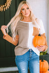 Women's Casual Orange Colorblock Knit Top with Long Sleeves and Chest Pocket - Trendy Textured Design for Everyday Style