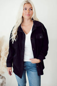 Black Solid Color Exposed Seam Patchwork Button Down Fleece Shacket