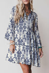 Sky Blue Boho Floral Mini Dress for Women - 3/4 Sleeves, Lettuce Trim, Ideal for Casual Spring Outings and Festivals