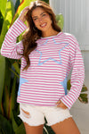 Women's Casual Pink Stripe Knit Top with Starry Patch, Drop Shoulders, and Raw Edge for Effortless Everyday Style