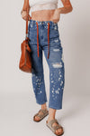 Women's Ashleigh Blue Ripped Cropped Straight Jeans with Splatter Paint and Rope Waist for a Trendy Casual Look