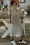 Trendy Women's Black Stripe Ribbed Long Sleeve Top and Midi Skirt Set with Button Cuffs - Stylish 2-Piece Ensemble