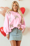 Cozy Light Pink Oversized Pullover Sweatshirt for Women with Embroidered Bow and Trendy Lantern Sleeves