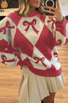 Cozy Loose Fit Women's Red Bow Print Two-Tone Rhombus Knit Sweater for Effortless Chic Style