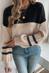 Cozy Parchment Color Block Sweater for Women with Striped Sleeves – Effortless Casual Chic Knitwear for Any Occasion