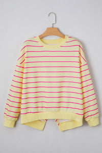 Yellow Stripe Plus Size Overlap Split Back Drop Shoulder Sweatshirt