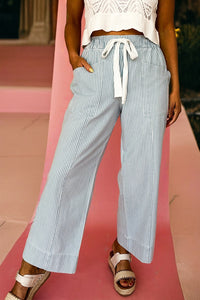 Trendy Women's Striped Blue Denim Pants - Casual Fit Jeans for Effortless Everyday Style and Versatile Outfits