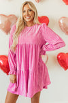Women's Strawberry Pink Velvet Mini Dress with Flounce Sleeves and Tiered Ruffles – Chic Party Wear