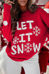 Cozy Red Dahlia Women's Holiday Graphic Sweater - Loose Fit "Let It Snow" Design for Festive Christmas Comfort and Style
