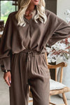 Women's Dark Khaki Oversized V-Neck Top & Drawstring Loose Pants Set with Braided Trim – Stylish 2-Piece Outfit