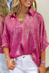 Chic Strawberry Pink Metallic Half Sleeve V-Neck Blouse for Women - Stylish Collared Top for Effortless Everyday Fashion
