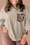 Chic Plus Size Brown Stripe Leopard Print Button-Down Shirt for Women with Cuffed Sleeves & Patch Pockets